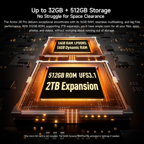  Téléphone robuste Ulefone Armor 28 Pro, 16 Go + 512 Go, vision nocturne, 10 600 mAh, écrans 6,67 pouces + 1,04 pouce, Android 15, MediaTek Dimensity 7300 Octa Core, réseau : 5G, NFC (noir) SU891B1607-025